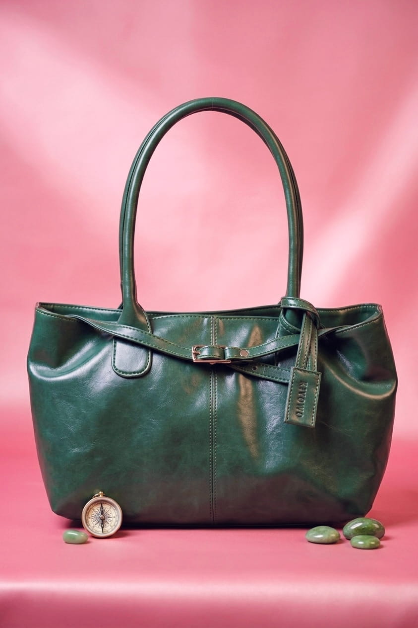 Emerald Green Buckle Detail Shoulder Tote Bag