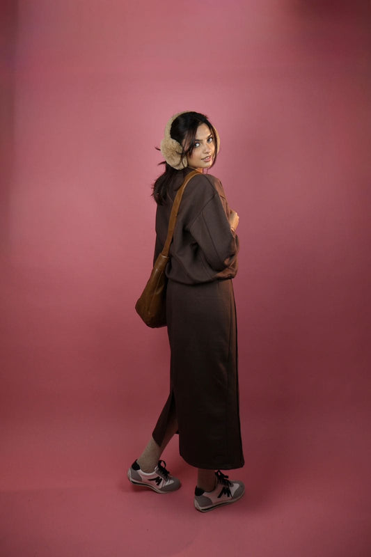 Brown Fleece Skirt Co ord Set